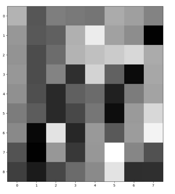 转为灰度 9x8 尺寸的 lena    通过计算可得灰度 9x8lenna 图数据矩阵